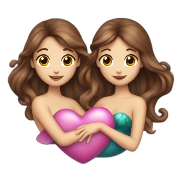 Two brown haired mermaids with their tails making a heart sticker