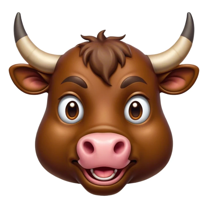 Cinematic Comical Brown Bull Portrait Emoji, Head tilted dramatically with an exaggeratedly amused expression, featuring a striking, glossy brown hide with a bold natural sheen, wide, expressive dark eyes filled with playful disbelief, Simplified yet hilariously expressive features, highly detailed, glowing with a slightly sassy glow, high shine, dramatic yet playful, stylized with an air of cheeky mischief, bright and endearing, soft glowing outline, capturing the essence of a spirited and over-the-top bull, so meme-worthy it feels like it could charge its way into internet fame instantly! sticker