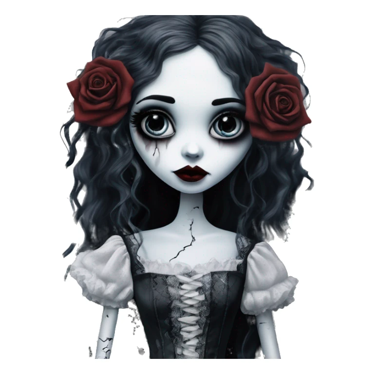 full height tim burton corpse bride, porcelain doll with a cracked face, goth makeup watery eyes, long hair, lace and ruffles, lolita style, inked, black and white, red roses sticker
