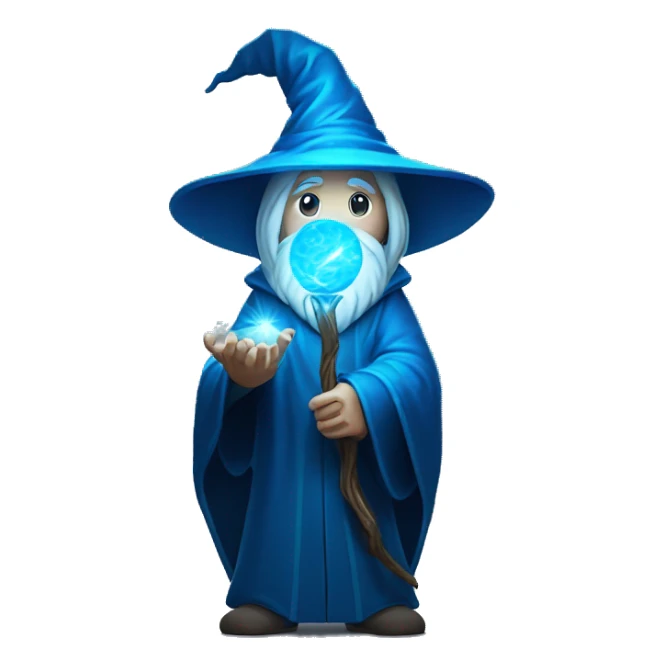 Wizard with staff emitting magical light, ball at the end glowing blue. Mysterious and impressive. sticker