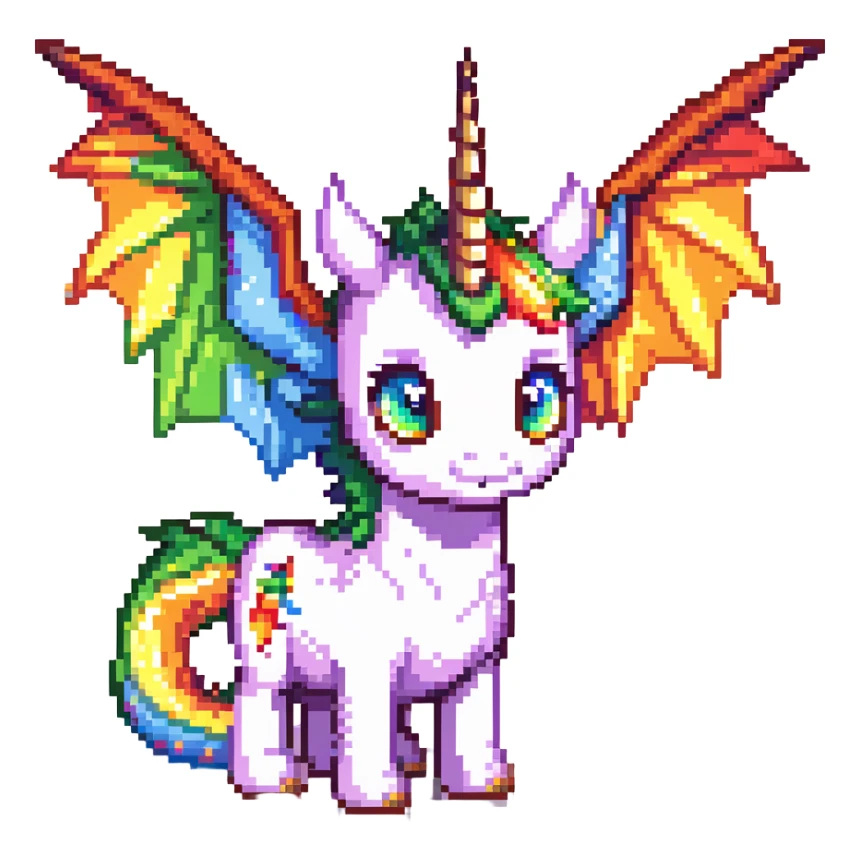 dragon with big eyes, large rainbow wings, and a unicorn horn sticker