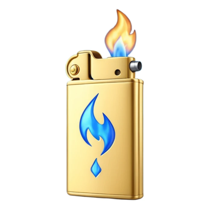 3D emoji icon of a golden metallic lighter with a blue flame, high quality, 3D render, minimalist white background sticker