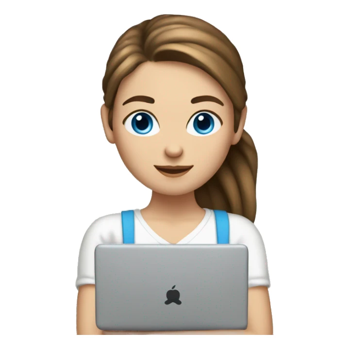 caucasian white IT girl student, holding laptop, blue eyes, brown hair ponytail sticker