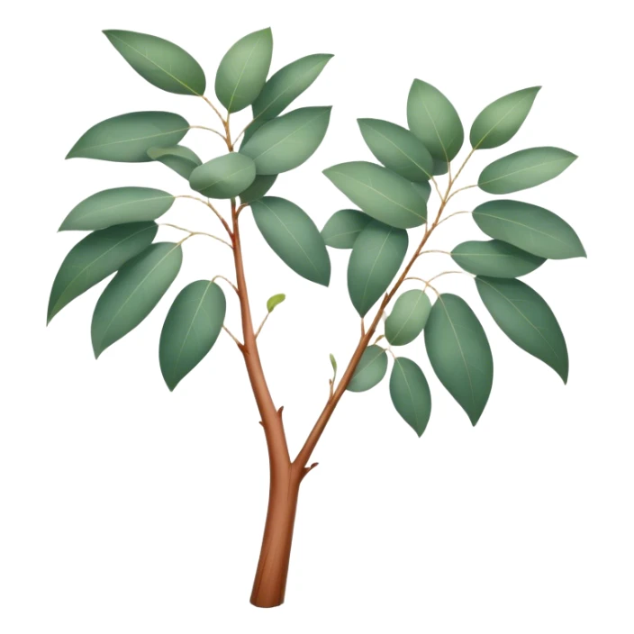 Cinematic Realistic Eucalyptus Emoji, Tall and graceful, with slender trunks covered in smooth, peeling bark and large, fragrant leaves. The eucalyptus trees sway gently in the breeze, releasing a calming aroma that fills the air. Soft glowing outline, capturing the essence of rugged beauty and natural serenity in a tall eucalyptus tree! sticker