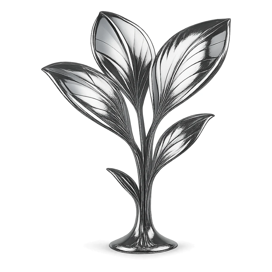 reflective chrome plant with three distinct petals sprouting from the ground, highly metallic sticker