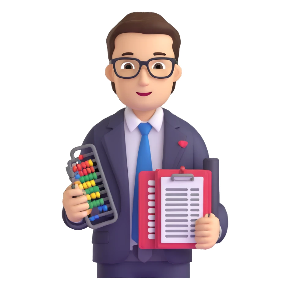 male accountant with tax forms, abacus and spreadsheet sticker