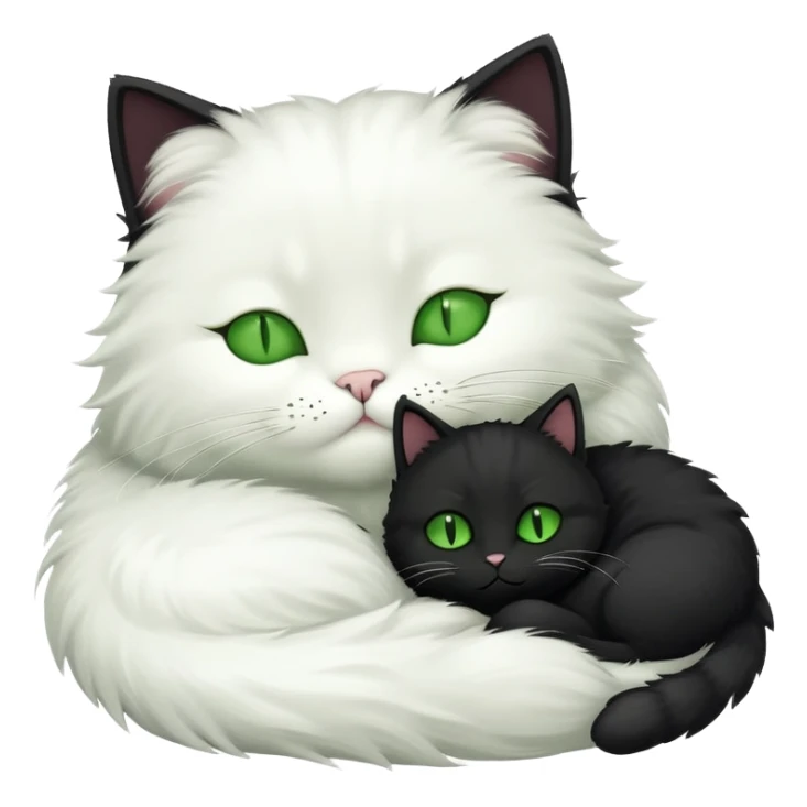 Big black cat with green eyes is sleeping with a small white cat sticker