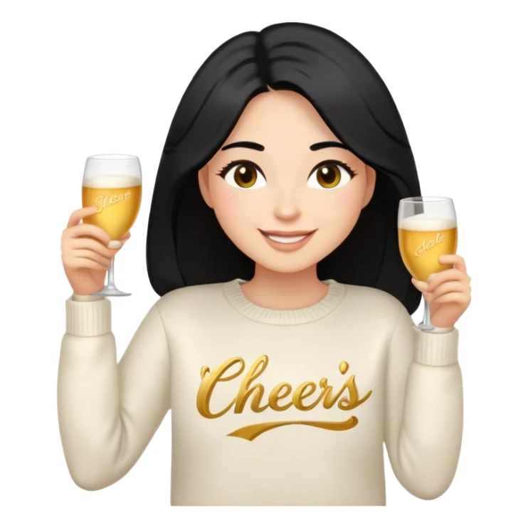 A woman with longer black hair, light to medium skin tone, full cheeks, and almond-shaped eyes, wearing a simple white sweater with the word 'cheers' in gold script, joyful and radiant expression, cheerful, emoji style, just her torso, no hands, no cups, no drinks. sticker