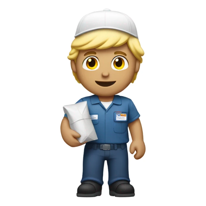  male mail carrier with blond hair and with a package wearing a white cap sticker