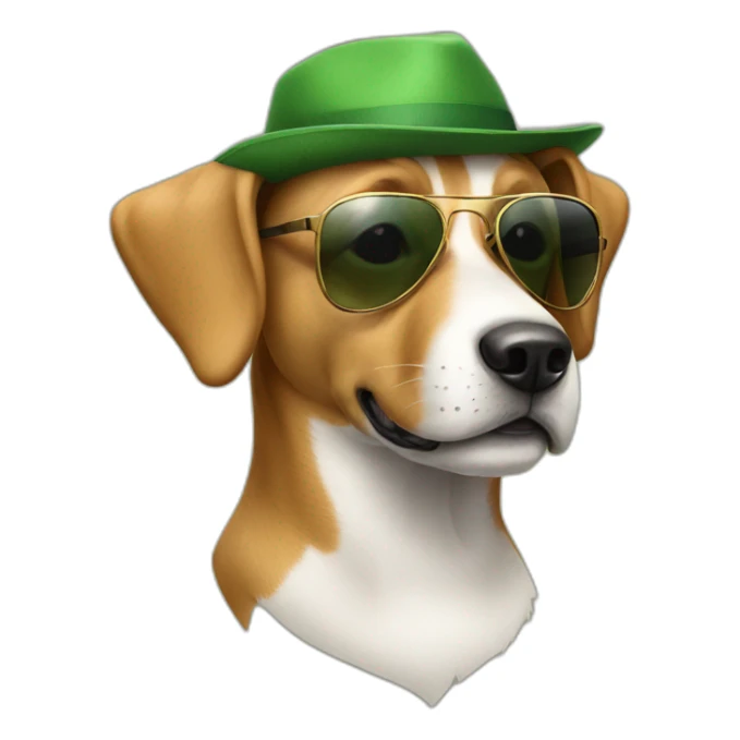 A dog with sunglasses and green hat sticker