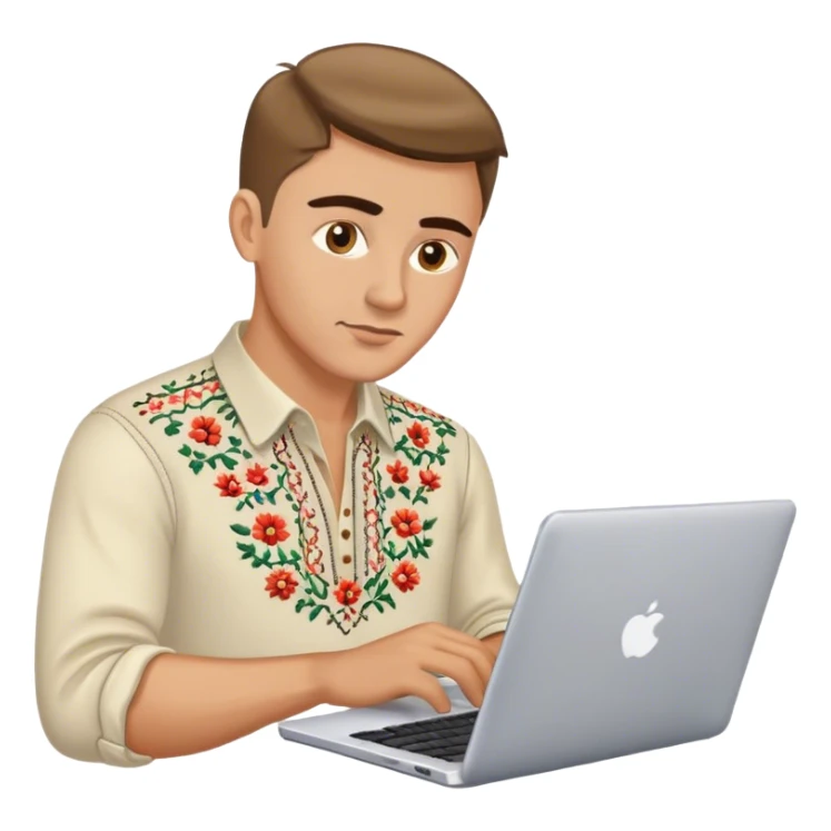 A Ukrainian guy in an embroidered shirt works at his laptop sticker