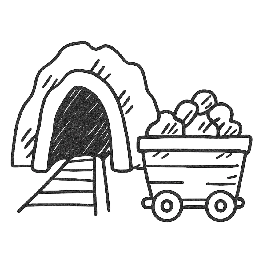hand-drawn outlined gold mine with cart and gold sticker