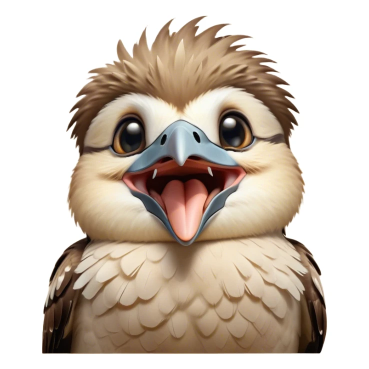 Cinematic Cute Yawning Kookaburra Portrait Emoji, Head tilted slightly with a dramatic, wide-open yawn, showcasing a soft, downy brown plumage with gently drooping wings and a relaxed beak, round eyes barely open in drowsy contentment, Simplified yet irresistibly adorable features, highly detailed, glowing with a soft, cozy glow, high shine, relaxed yet expressive, stylized with a touch of bushland charm, bright and endearing, soft glowing outline, capturing the essence of a sleepy yet affectionate kookaburra, so drowsy it feels like it could flutter out of the screen and curl up for a nap! sticker