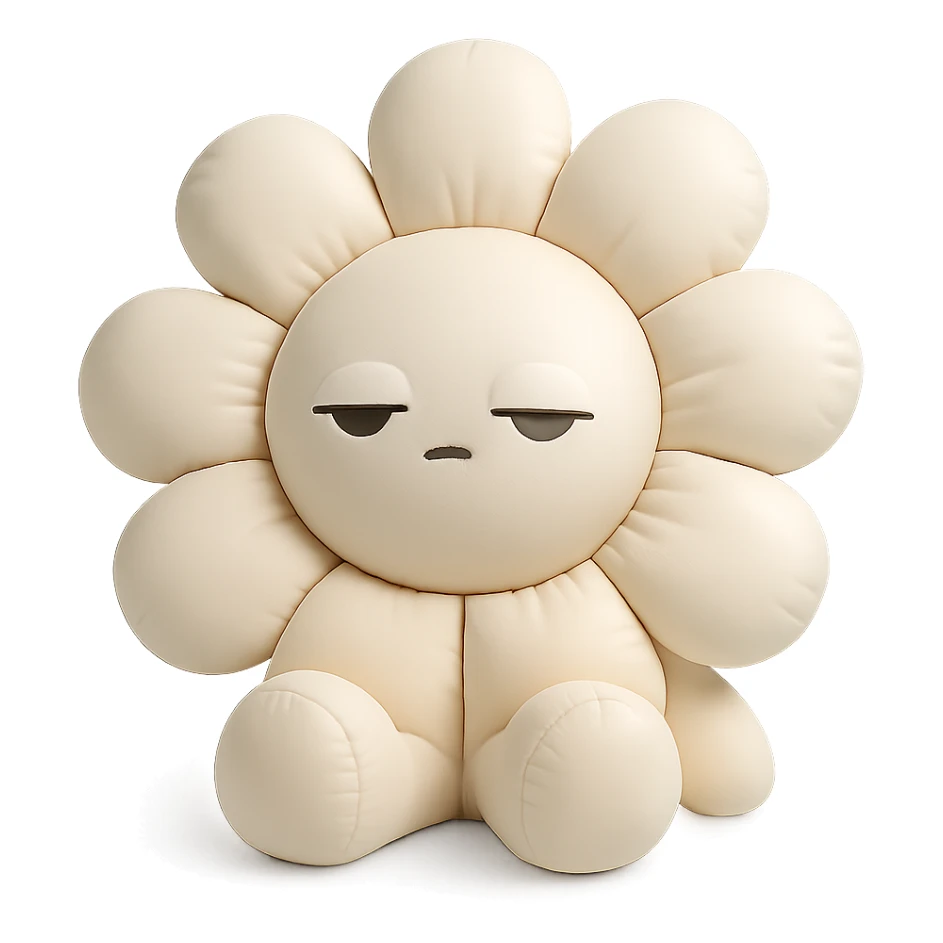creamy white daisy flower with sleepy half-lidded eyes, sitting down with a blank stare, extremely soft round pastel character, cushion style sticker