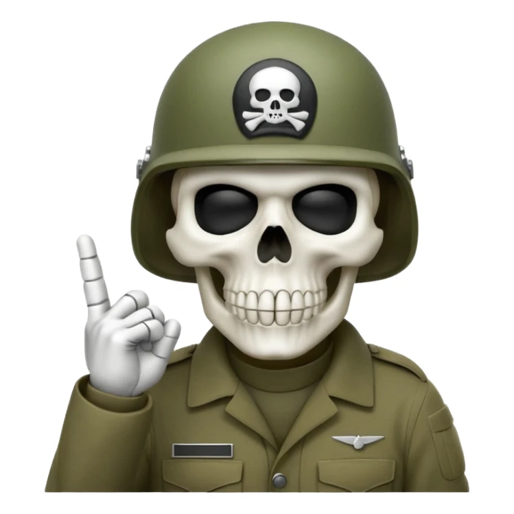 A bold emoji-style bodyless white skull wearing a realistic modern army helmet, making a shushing gesture (index finger bone held up to mouth area). Clean vector style,modern emoji aesthetic.The helmet has detailed realistic texture. sticker