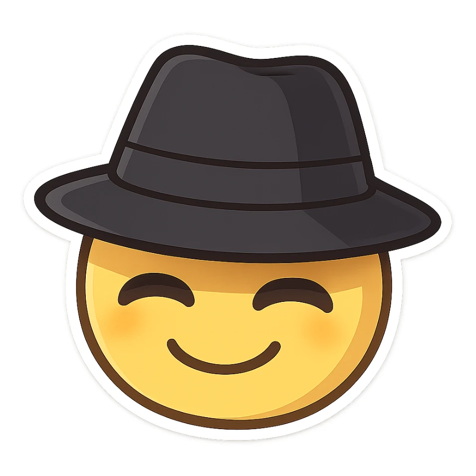 stylized yellow face smiling with a black fedora hat the brim shadowing the eyes sticker
