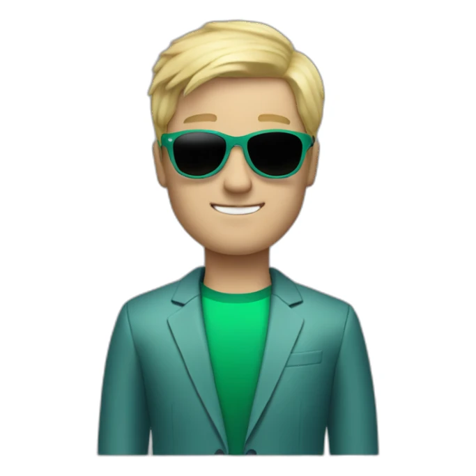 white guy in gradient green blue suit with blonde hair and black sunglasses standing with black adidas shoes sticker