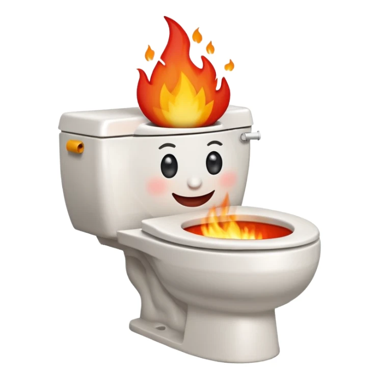 A smiling, happy white-colored toilet with fire coming from its bowl sticker