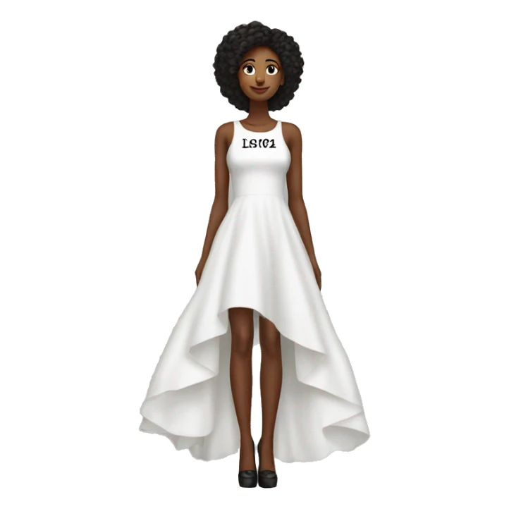 White high low dress with black words on the bottom of the dress  sticker
