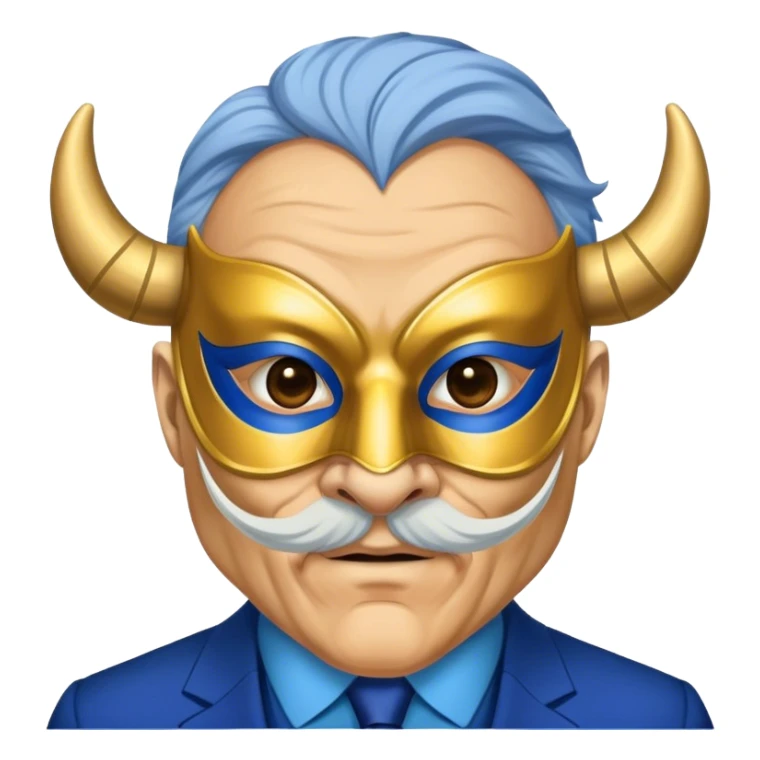 a old man, with a Blue suit,  wear half-face golden Buffalo masquerade mask sticker