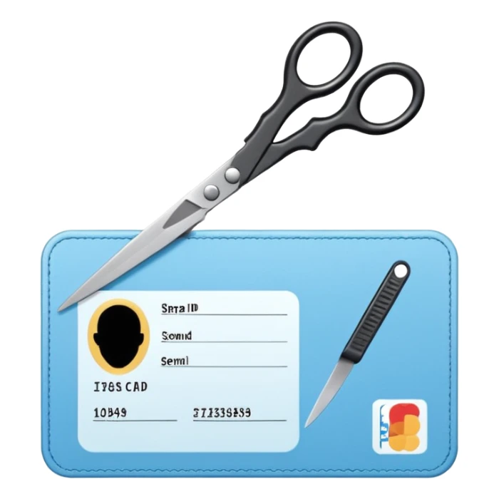 Floating black Scissors cutting a light blue idf ID card in 2 parts .hyper realistic sticker