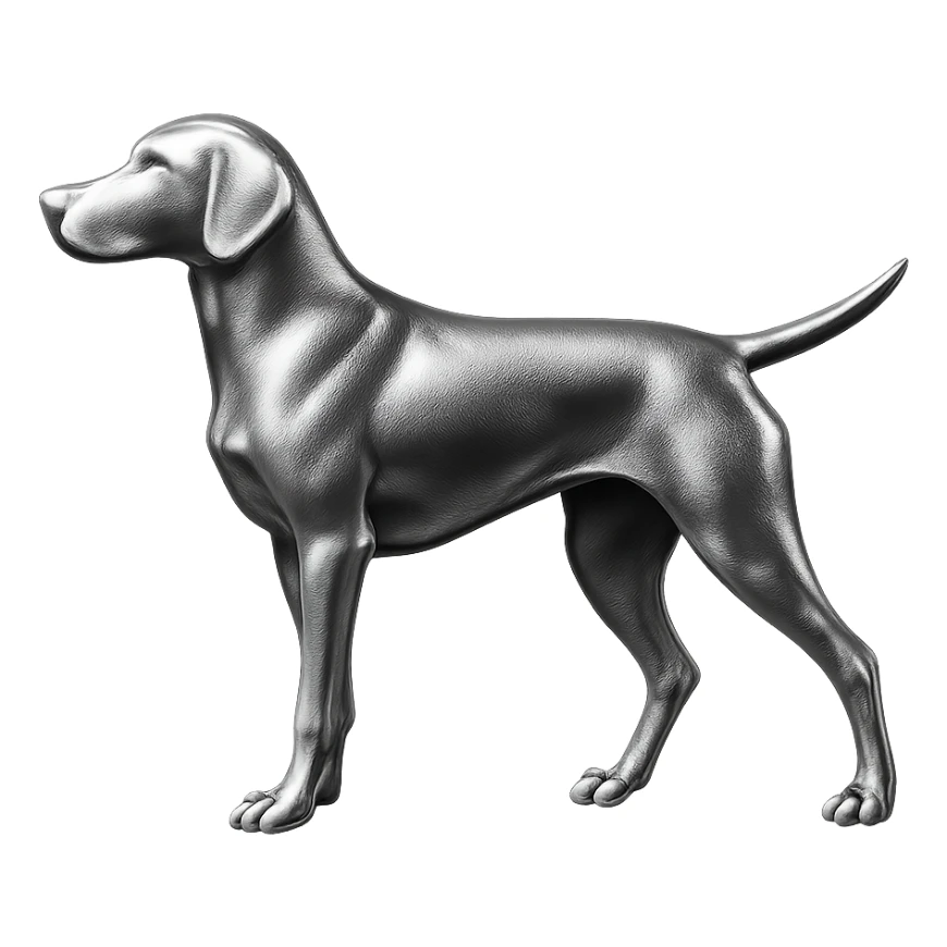               Apply a high-end, photorealistic metallic chrome material to the provided {subject}. The material should have a smooth, slightly curved surface with subtle reflections and soft shadows, resembling brushed or polished silver metal. Preserve the exact shape, proportions, and design of the original object. Set it against a solid black background (#000000) in 8K resolution. The lighting should enhance the beveled edges and reflective highlights, creating a sleek, premium finish. {subject} = dog pointing left sticker