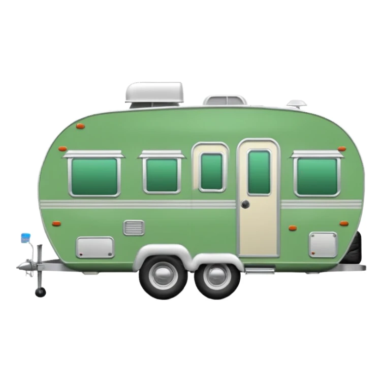 Shasta travel trailer, two tires, colored all green, the same green shade as movie trailer green preview card, light grey tires and grey hitch sticker