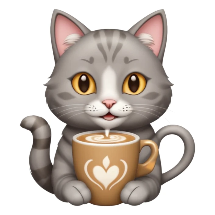 Happy gray Cat holding in its front two paws an hot latte sticker