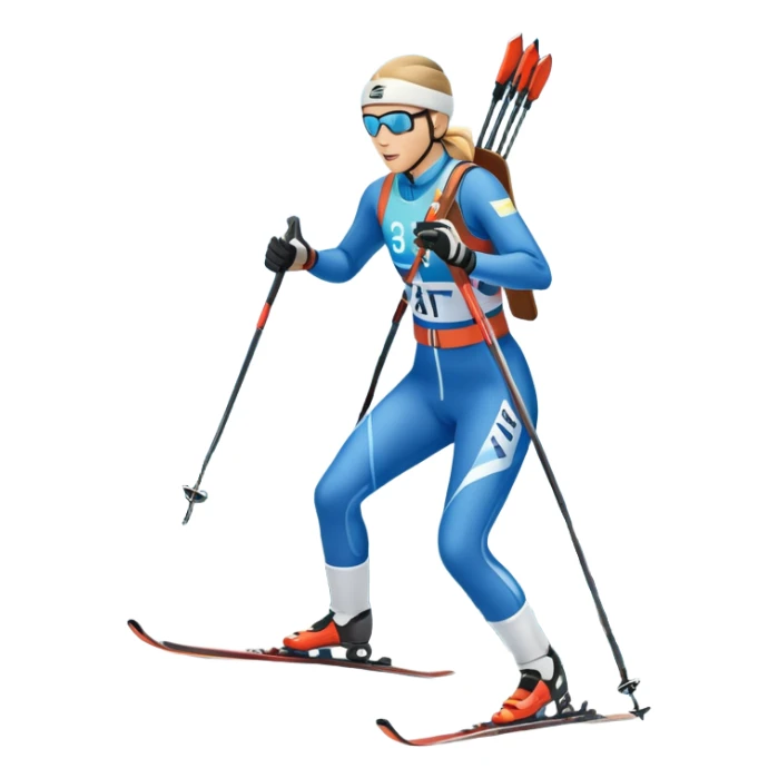 An icon featuring a biathlete in motion, holding a rifle and skiing across a snowy course. The backdrop includes snow-covered trees, distant mountains, and a clear blue sky. Transparent background highlights the precision, endurance, and excitement of biathlon. sticker