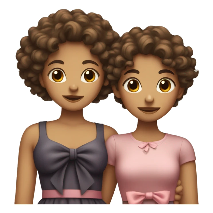 Two girls hugging one with curly hair the other strait with a bow sticker