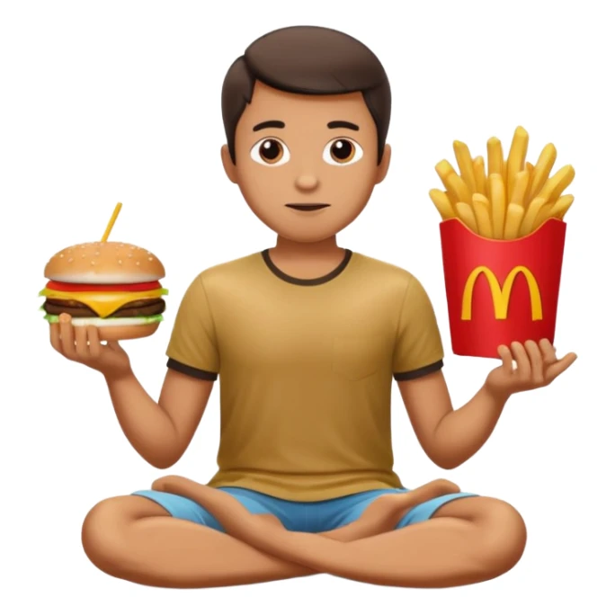 man in lotus pose eating McDonalds burger and fries sticker