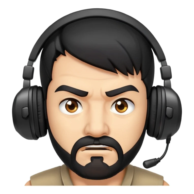 Angry man with black hair, brown eyes, black beard wearing a gaming headset sticker