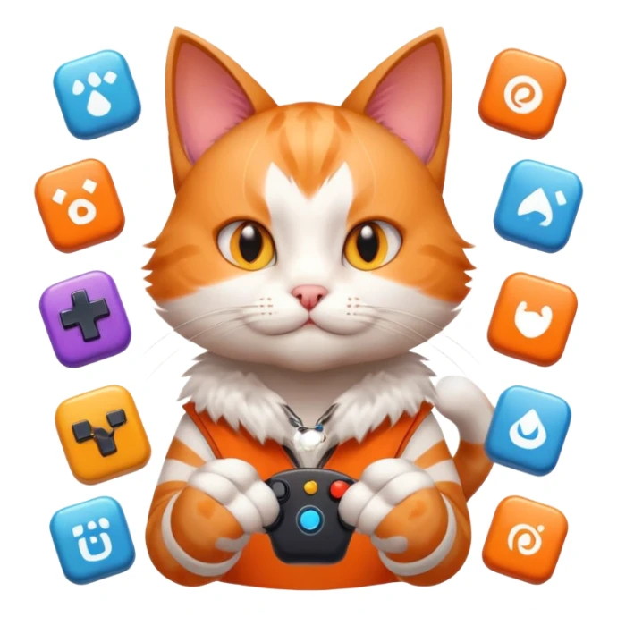 gamer cat surrounded by game icons with an energetic expression sticker