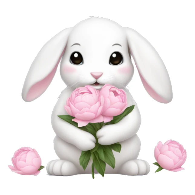 cute white bunny holding light pink peonies sticker