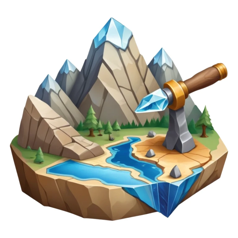 An icon featuring a rock hammer, a fossil, and a geological map, symbolizing geology. The design includes layers of the Earth, a crystal, and a mountain range, representing the study of Earth's structure, materials, and natural processes. Transparent background highlights geological research sticker