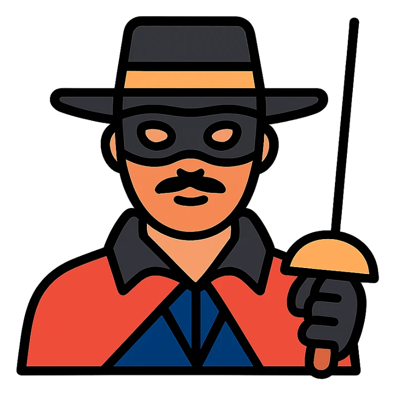 Zorro, iconic mask and hat, holding a rapier, bold color outline icon style sticker