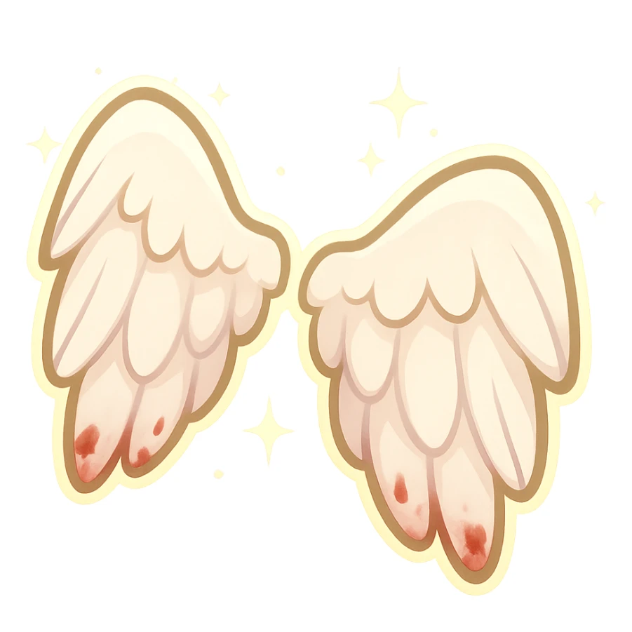 chibi-style delicate white feathered angel wings with soft pink and gold glow, tiny bloodstains on the tips, inspired by Juliet in Romeo + Juliet (1996), pastel lighting, vintage Catholic tragedy aesthetic, sparkles around it, discord emoji size sticker