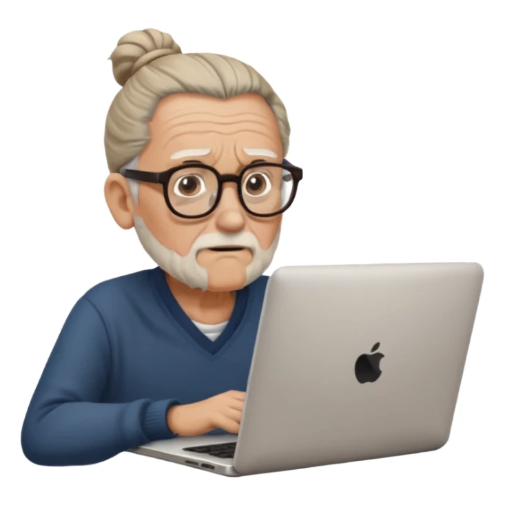 confused old man with a man bun, on a laptop sticker