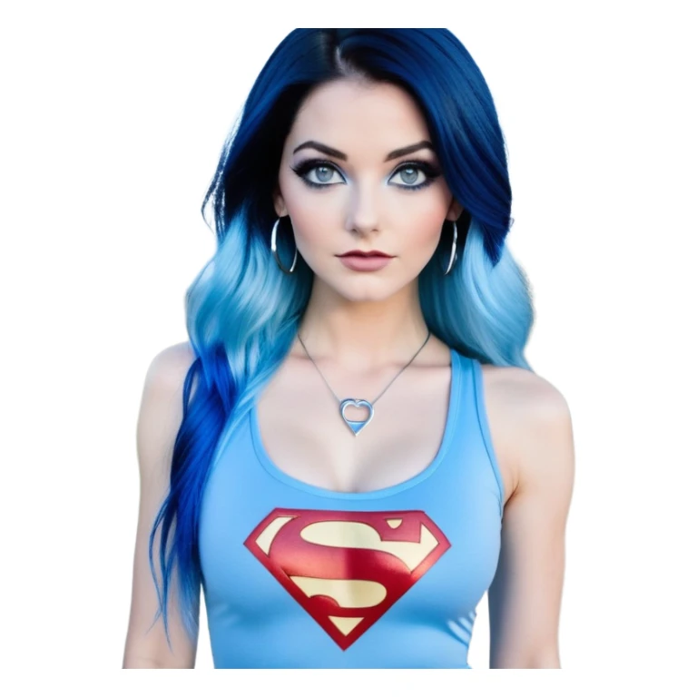 Full body with long legs-very very large chest clevage-beautiful face-black leggings-very long very straight dark blue to light blue ombre hair-and-blue eyes-a lot of black eyeliner-thick long eyelashes-sky blue low cut tanktop with glitter superman logo-silver hoop earrings sticker