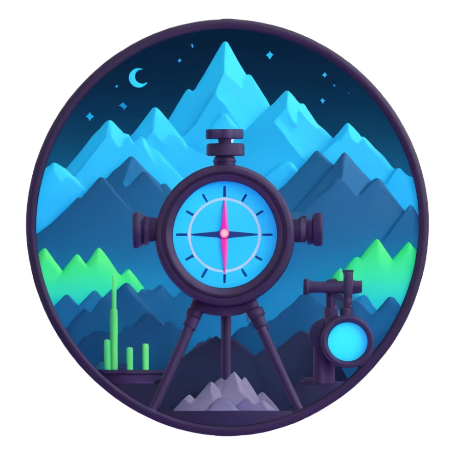 minimal expressive emoji style icon for crypto bot called Snypex, round badge shape, stylized mountains, rising candlestick chart, sniper scope combined, glowing neon cyan and electric blue palette, dark background, futuristic clean tech inspired cyberpunk AI feel, no text, highly symbolic scalable sticker