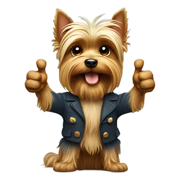 Yorkshire terrier holding up a paw with a thumbs up sticker