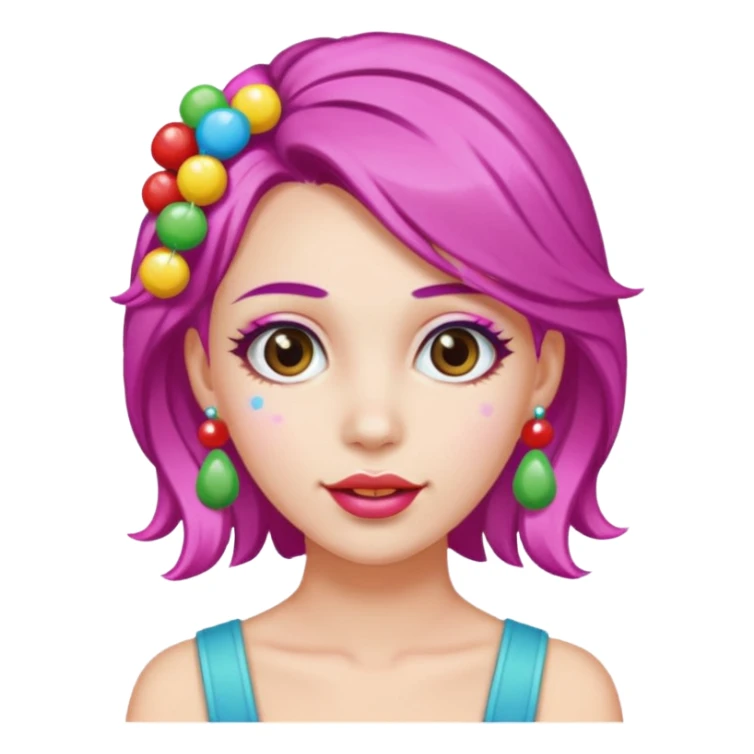 colorful hair woman with candy accessories, not holting a candy sticker