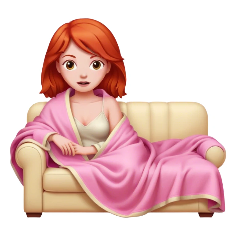 Red head woman wrapped in a pink blanket led on a cream sofa sticker