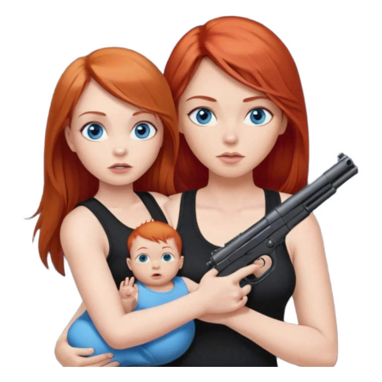 A red head with long straight hair, she has blue eyes with big boobs. She’s wearing a black tank top and holding a gun up in one hand and a baby boy with blue eyes sucking on one of her boobs in the other arm sticker