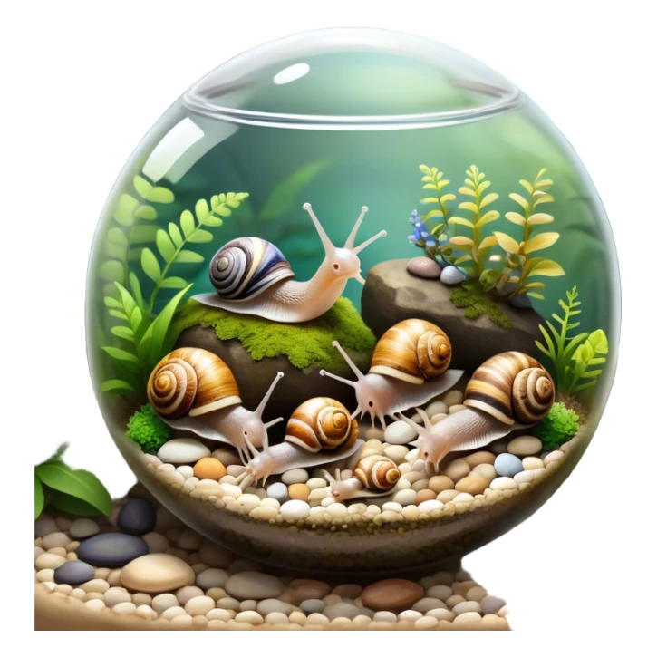 A collection of various snails and mollusks inside a big, lush terrarium with plants and moss. Some snails are crawling along the glass while others rest on pebbles. The scene is serene with soft lighting, showcasing the natural beauty of the mollusks. Transparent background. sticker