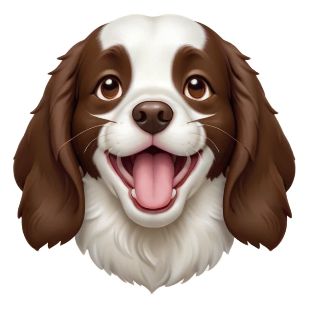 Cinematic Cute Yawning Springer Spaniel Portrait Emoji, Head tilted slightly with a dramatic, wide-open yawn, showcasing a smooth Fur of liver and white with crisp markings, floppy ears slightly drooping, round brown eyes barely open in drowsy contentment, Simplified yet irresistibly adorable features, highly detailed, glowing with a soft, cozy glow, high shine, relaxed yet expressive, stylized with a touch of whimsy, bright and endearing, soft glowing outline, capturing the essence of a sleepy yet affectionate companion, so drowsy it feels like it could stretch right out of the screen and curl up for a nap! sticker