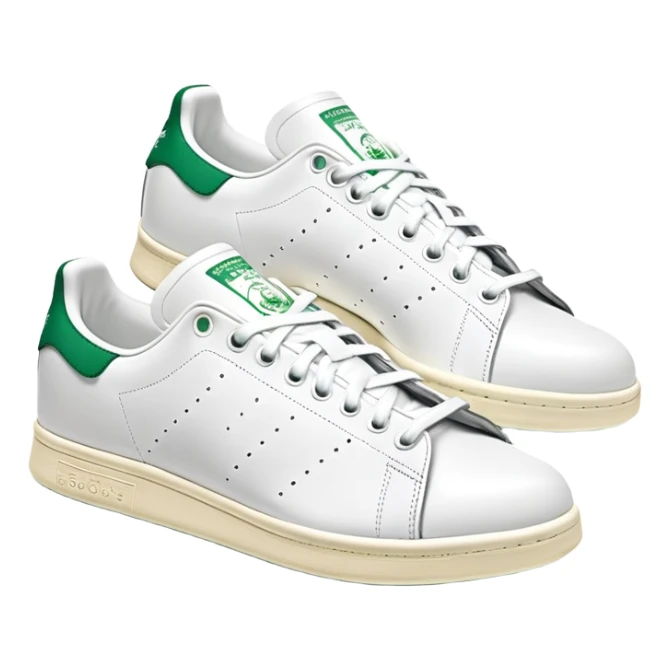 Two Adidas Stan Smith shoes arranged as a pair with one slightly behind the other, white with green heel details, clean classic design sticker