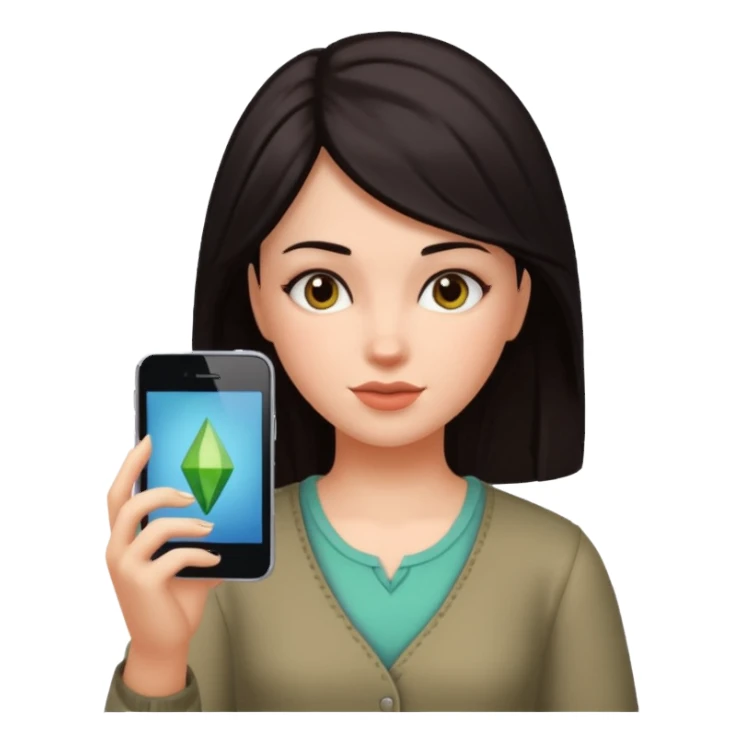una chica de cabello oscuro y piel blanca jugando a los sims sticker