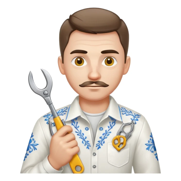 A Ukrainian man in a white embroidered shirt holds a spanner in one hand and scissors in the other sticker