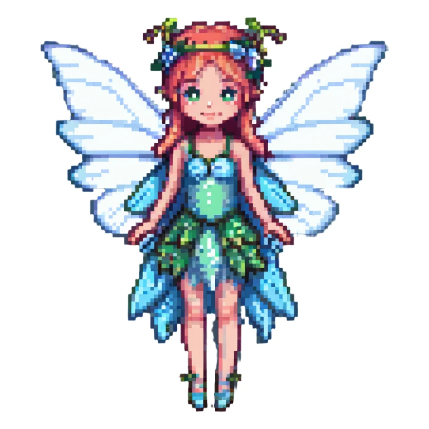 a mischievous fairy with translucent wings, pixel art style sticker